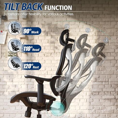 كرسي مكتب GABRYLLY، كرسي مكتب مريح للأشخاص الكبار والطويلين، كراسي شبكية منزلية بأذرع ثلاثية الأبعاد قابلة للتعديل، استلقاء 3 تروس، مقعد واسع، دعم قطني ومسند للرأس، كرسي كمبيوتر دوار in Kuwait
