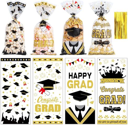 100Pcs Graduation Treat Bags Congrats Graduates Treat Bags Black Gold Cellophane Bags with Twist Ties Plastic Grad Goodie Bags 4 Styles Gift Bags Candy Bags for Graduation Party Favors Decorations in Saudi Arabia