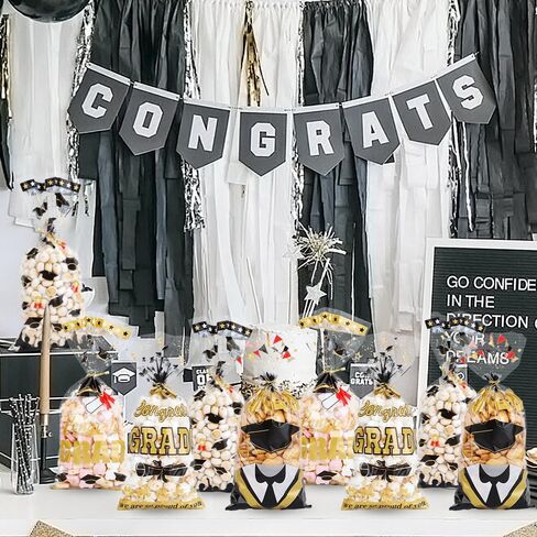 100Pcs Graduation Treat Bags Congrats Graduates Treat Bags Black Gold Cellophane Bags with Twist Ties Plastic Grad Goodie Bags 4 Styles Gift Bags Candy Bags for Graduation Party Favors Decorations in Saudi Arabia