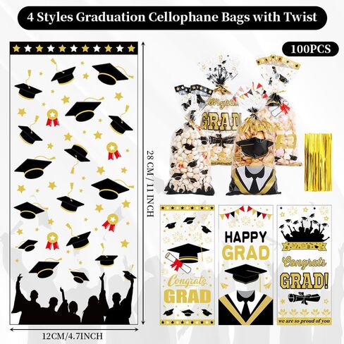 100Pcs Graduation Treat Bags Congrats Graduates Treat Bags Black Gold Cellophane Bags with Twist Ties Plastic Grad Goodie Bags 4 Styles Gift Bags Candy Bags for Graduation Party Favors Decorations in Saudi Arabia