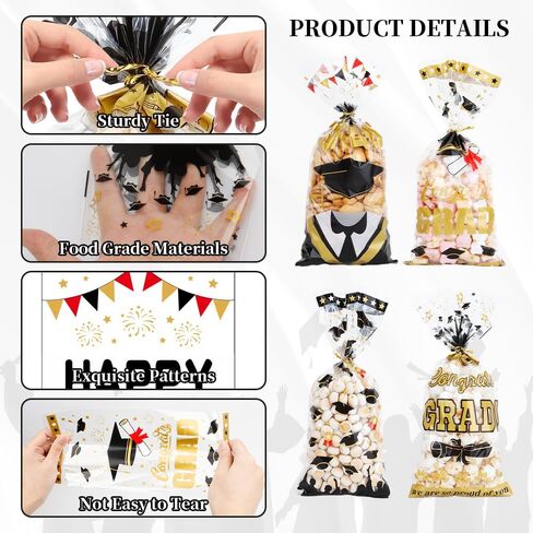 100Pcs Graduation Treat Bags Congrats Graduates Treat Bags Black Gold Cellophane Bags with Twist Ties Plastic Grad Goodie Bags 4 Styles Gift Bags Candy Bags for Graduation Party Favors Decorations in Saudi Arabia