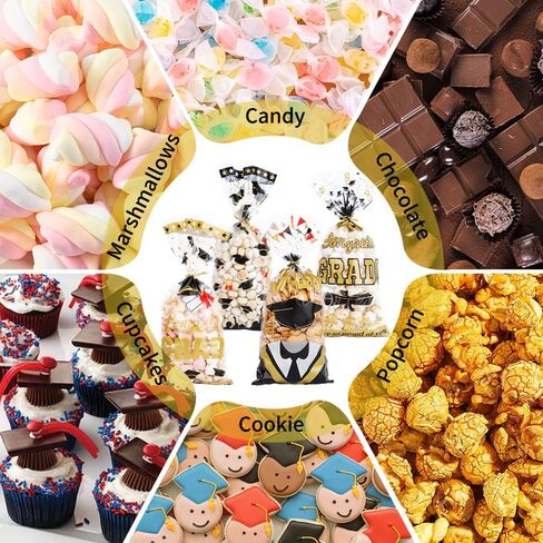 100Pcs Graduation Treat Bags Congrats Graduates Treat Bags Black Gold Cellophane Bags with Twist Ties Plastic Grad Goodie Bags 4 Styles Gift Bags Candy Bags for Graduation Party Favors Decorations in Saudi Arabia
