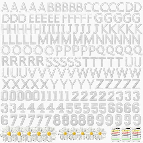 193 Pieces Iron on Numbers and Letters Patches 1.57 Inch Alphabet Embroidered Patch Letter Patches A-Z,Numbers 0-9 and Flowers for Clothes Hat, Socks, Jeans, DIY Accessories,White in Saudi Arabia