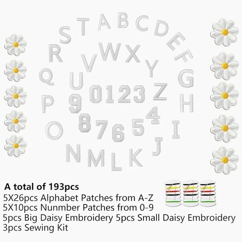 193 Pieces Iron on Numbers and Letters Patches 1.57 Inch Alphabet Embroidered Patch Letter Patches A-Z,Numbers 0-9 and Flowers for Clothes Hat, Socks, Jeans, DIY Accessories,White in Saudi Arabia