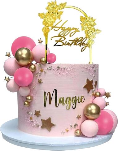 Acrylic Floral Leaf Arch Happy Birthday Cake Topper for Celebrating Special Occasions Romantic Cake Accessories (Gold-Flower-HP) in Kuwait