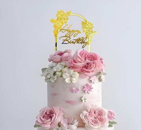 Acrylic Floral Leaf Arch Happy Birthday Cake Topper for Celebrating Special Occasions Romantic Cake Accessories (Gold-Flower-HP) in Kuwait