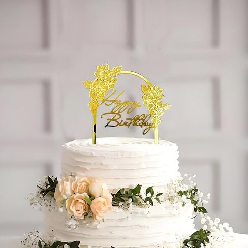 Acrylic Floral Leaf Arch Happy Birthday Cake Topper for Celebrating Special Occasions Romantic Cake Accessories (Gold-Flower-HP) in Kuwait
