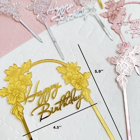 Acrylic Floral Leaf Arch Happy Birthday Cake Topper for Celebrating Special Occasions Romantic Cake Accessories (Gold-Flower-HP) in Kuwait