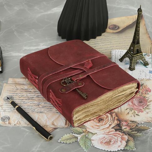 Leather Journal with Deckle Edge Paper 7x5 inch and Vintage Key/Handmade Writing Notebook Diary/Bound Daily Notepad for Men & Women Medium, Sketch/Writing pad for Artists in Kuwait