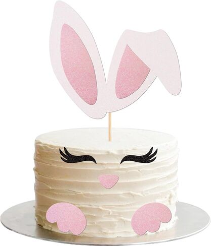 ZHUOWEISM Easter Bunny Ears Cake Topper Decorations with Glitter Eyelashes Nose Paw for Easter, Baby Shower, Birthday Parties - Pastel Pink, White in Saudi Arabia