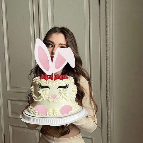 ZHUOWEISM Easter Bunny Ears Cake Topper Decorations with Glitter Eyelashes Nose Paw for Easter, Baby Shower, Birthday Parties - Pastel Pink, White in Saudi Arabia