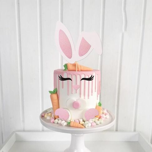 ZHUOWEISM Easter Bunny Ears Cake Topper Decorations with Glitter Eyelashes Nose Paw for Easter, Baby Shower, Birthday Parties - Pastel Pink, White in Saudi Arabia