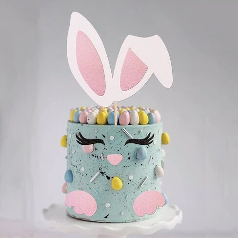 ZHUOWEISM Easter Bunny Ears Cake Topper Decorations with Glitter Eyelashes Nose Paw for Easter, Baby Shower, Birthday Parties - Pastel Pink, White in Saudi Arabia
