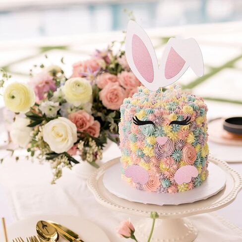 ZHUOWEISM Easter Bunny Ears Cake Topper Decorations with Glitter Eyelashes Nose Paw for Easter, Baby Shower, Birthday Parties - Pastel Pink, White in Saudi Arabia
