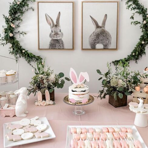 ZHUOWEISM Easter Bunny Ears Cake Topper Decorations with Glitter Eyelashes Nose Paw for Easter, Baby Shower, Birthday Parties - Pastel Pink, White in Saudi Arabia