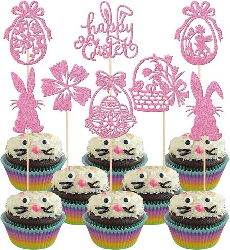 ZHUOWEISM Easter Bunny Ears Cake Topper Decorations with Glitter Eyelashes Nose Paw for Easter, Baby Shower, Birthday Parties - Pastel Pink, White in Saudi Arabia