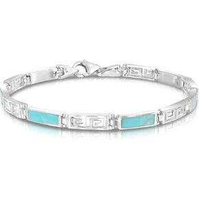 AeraVida Greek Key Labyrinth Simulated Turquoise Inlay .925 Sterling Silver Link Bracelet