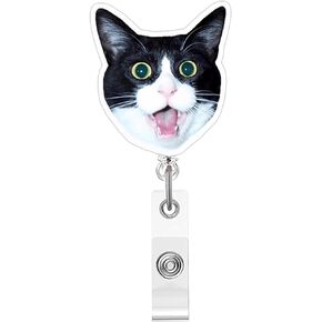 Fun Cat Badge Reel,Cute Tuxedo Cat Acrylic Badge for ID Card Badge,Funny Telescoping Retractable Badge Holder Alligator Clip Accessories for Nurse,Medical Worker,Nursing Student,Teacher