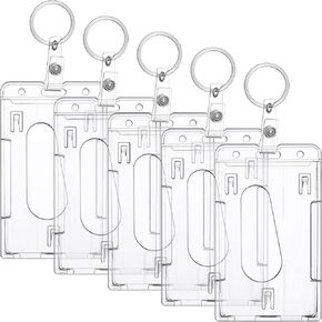 5 Sets 2 Card ID Card Holder Vertical Badge Holder with Thumb Slot ID Badge Holder with Keyring Hard Transparent Plastic Protector Keychain for Office School ID Credit Card Driver's License and Pass