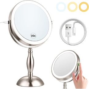Large Lighted Makeup Mirror, 1X/20X Magnifying Mirror with 3 Color Dimmable Adjustable Mirror, Side Charging Port & SideTouch Sensor, 360° Rotation Double Sided Standing Desk Mirror