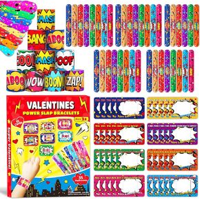 35 Pack Valentines Day Slap Bracelets مع 35 Valentines Supe Rtheme Hero Cards Slap Bandband for Valente