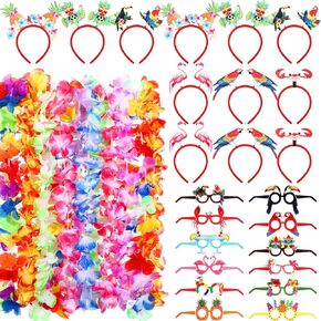 36 PCS مجموعة زخارف لحفلات Luau Luau ، وتشمل نظارات حفلات Luau و Hawaiian Flower Leis Netlaces و Headband for Women Aldult Lays Tropical Summer Beach Holiday Fore