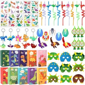72Pcs Dinosaur Party Favors Set, Dinosaur Themed Party Favors Gift with Masks, Whistles, Gifts Bags, Key-chains, Tattoo Stickers, Straws and Dinosaur Eggs for Boys Girls Birthday Baby Shower Party