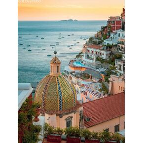 Goldyyyfrog DIY 5D الماس مجموعات فن الماس ، مستديرة الحفر الكاملة نقاط الأحجار الكاملة الماس اللوحة Positano Amalfi Coast Sunset Campania Sorrento Italy Sea Mediterranean Beautiful منظر أوروبي المناظر الطبيعية الأوروبية 12x16 بوصة