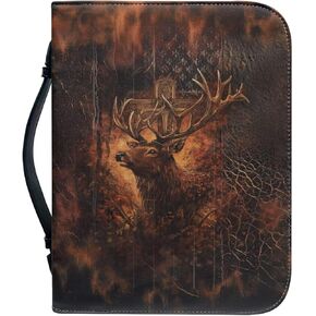 Leather Bible Cover, Carrying Bible Book Bag Church Case,Bible Protective with Handle for Men Women,Gothic Style Deer and Cross,XL
