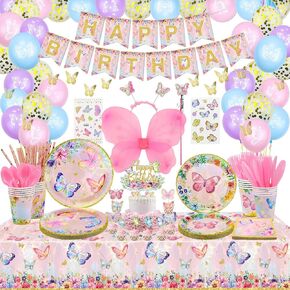233 PCS Butterfly Party Decorations - Butterfly Balloons ، Banner ، Cake Topper ، Fairy Wing ، Tattoo ، Descons ، Plates ، Falkins ، Cups ، Table -Excloth for Girl Women Firsts ،