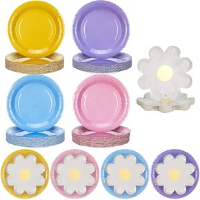 Zhehao 100 PCS Blue Dog Birthday Party Supplies 4 لوحات ألوان الباستيل وألواح زهرة Daisy مجموعة لحفلات الزفاف عائلة عيد ميلاد ديكورات حفلة