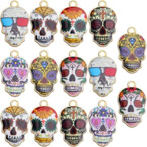 Sugar Skull Charms,14pcs Enamel Halloween Skull Charms Gold Plated Flower Sugar Skull Skeleton Pendants Jewelry Making Accessories for Necklace Bracelet Earring Crafts,7 Styles