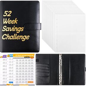 52 Week Money Saving Challenge Binder, A5 Budgeting Binder with Cash Envelopes and Saving Challenge Tracker, Black PU Leather Money Budget Binder Cash Saving Binder to Save $5,200, $2,600, $10,000