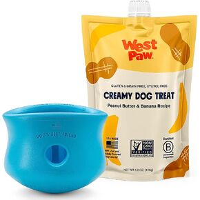 West Paw Zogoflex Toppl & Creamy Treats Peanut Butter Banana Bundle | علاج ألغاز لعبة الكلاب-لعبة الكلب للمضغات المعتدلة ، الجلب ، الصيد-يحمل kibble ، يعامل ، x-large ، أكوا