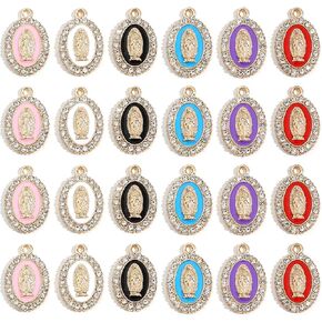 60pcs Mix Color Virgin Mary Charms Miraculous Medal Enamel Alloy Rhinestones Our Lady Crucifix Connection for Jewelry Making (Gold)