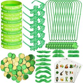 Wodmaz 174 PCS مجموعة الحفلات يوم القديس باتريك ، قلادات شامروك الخضراء نظارة شمسية ، أساور ، شوارع الوشم المؤق