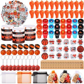 Aoriher 266 PCS حفلات كرة السلة يفضله الحفلات الرياضية مواد هدايا مجموعة ملصقات كرة الإجهاد صافرة سوار مفتاح شارات أكياس أورجانيات شكرا لك العلامات