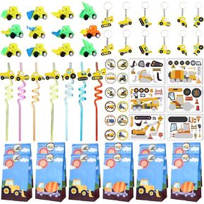 JOYMEMO Construction Party Favor Set Kids Construction Gift Bags Keychains Stickers Straws Construction Engineering Truck Toys for Excavator Toy Baby Shower Birthday Party Supplies Decorations