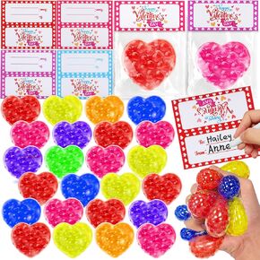 28 Pack Valentines Day Gifts for Kids- Prefilled Heart Fidget Stress Ball with Valentines Cards for Kids School Stress Relief Squeeze Toy, Valentine Gifts Classroom Exchange for Boys Girls Party Favor