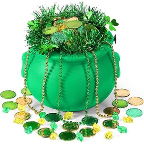 Sratte 308 PCS St Patrick's Candy Cauldron Kettle with مقبض وعاء من Gold Shamrock Gold Green Green Gem Gem Leprechaun Clover Netruction Lucky Plastic Jewelry (Black ، 7.87 × 5.91 in)