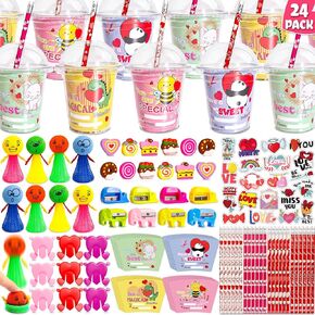 Adisher 24 Pack Valentines Day Gifts for Kids, Valentines Day Cards for Kids School Stationery Set with Cards Pencils Stickers Erasers Sharpener Cups Classroom Prize School Exchange Boys Girls