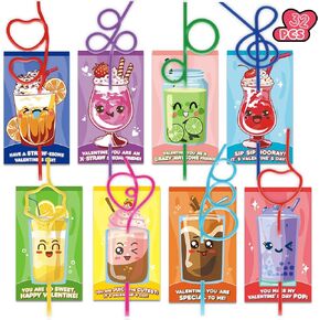 Valentines Day Gifts for Kids Classroom - 32 PACK Crazy Loop Reusable Drinking Straws with with Unique Valentines Cards for Classroom Exchange Prize, Drinking Straws Bulk for Valentine's Party Favors