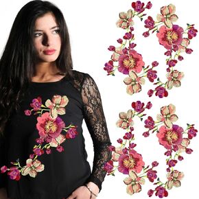 4pcs زهرة مطرزة خياطة على بقع الزهور الزخرفة الزخرفة حمراء بقع التطريز خمر خمر لفساتين ذوي الياقات البيضاء DIY