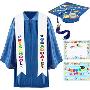 Preschool Graduation Gown and Cap with Tassel Printed Graduation Stoles Certificate Shiny Graduation Gown for Kindergarten