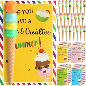 28 Sets End of Year Gifts for Students from Teacher Ice Cream Pen Colorful Cute Cone Pens with Summer Gift Cards for School Students Kids Office Summer Birthday Party Favors Supplies