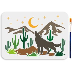 Mayjoydiy A4 Size Wolf Desert Stencil Howling Wolf Animal Template 11.7x8.3inch Desert Desert Painting Template Desert Night Scenen