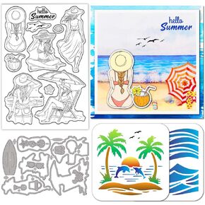 GLOBLELAND Beach Woman Clear Stamps Cutting Dies PET Painting Stencils for Card Making Summer Sea Shells Silicone Stamp Metal Greetings Die Cuts PET Paint Stencils for DIY Scrapbooking