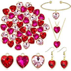 48 PCS Heart Rhinestone Charms Alloy Valentine Heart Charms armants for Jewelry Making Crystal for Valentines DIY (Red ، Rose Gold ، Hot Pink ، 16 Mm)