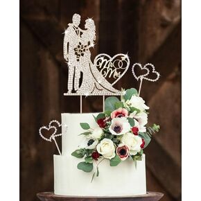 Luxury Gold Bride and Groom Wedding Cake Toppers Mr and Mrs with Crystal Rhinestones Heart Shape Reusable Metal Marriage Cake Decoration for Wedding,Engagement,Anniversary(3PC Set)