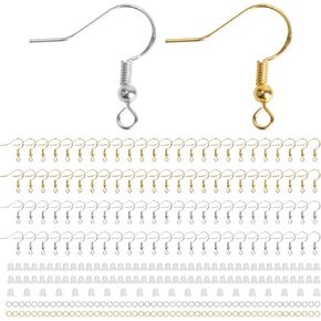 300pcs 925 خطاف السنانير الفضية الفضية ، خطاطيف حلق الذهب ، وأسلاك الأذن من الفولاذ المقاوم للصدأ ، خطاف أسماك ، وصنع الحلقات المصنوعة من السقوط مع سدادات سيليكون صافية وحلقات القفز (الذهب والفضة)